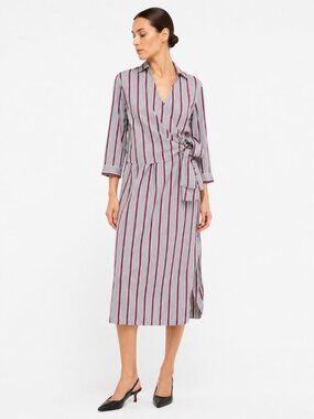 LE SARTE PETTEGOLE 100% COTTON WHITE BLUE RED STRIPED WRAP SHIRT DRESS - XS (40)